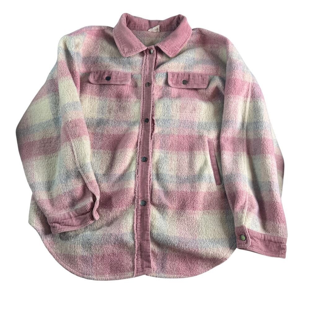 BiBi Pastel Plaid Fuzzy Shacket Jacket Pink Blue Cream XL